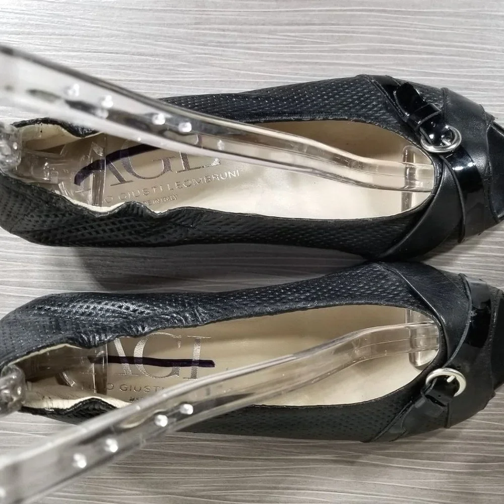 AGL Peep Toe Wedge Pump, Black Perforated Leather, Womens Size 7.5 US / 37.5 - Picture 8 of 12
